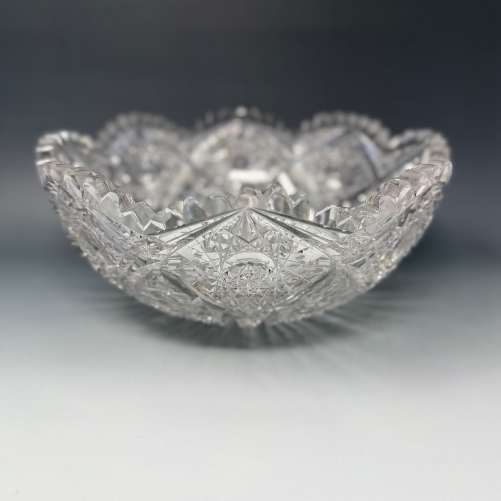 Vintage American Brilliant Cut Glass Bowl Star and Fan Pattern Sawtooth Rim 8in